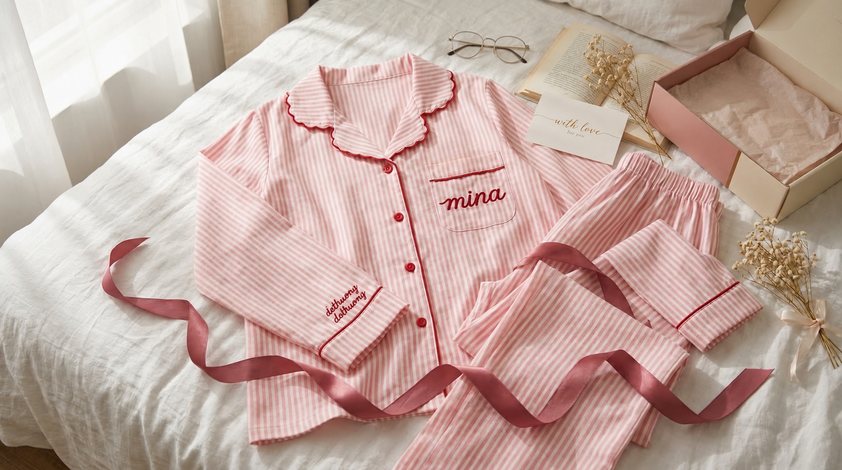 Personalized pink striped pajama set styled with a gift box, ribbon and dried flowers